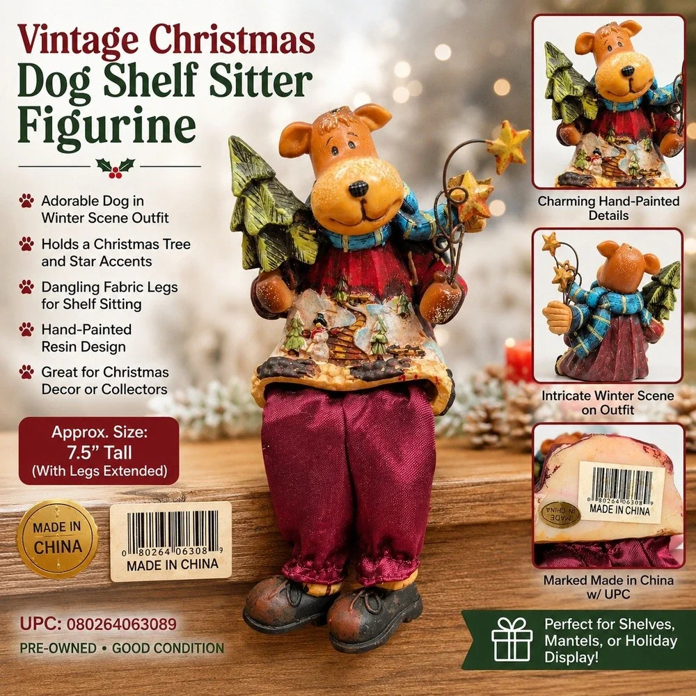 Vintage Christmas Dog Shelf Sitter Figurine Hand Painted Resin Winter Decor 7.5